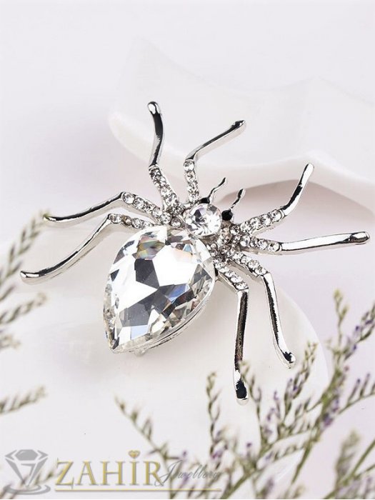 Дамски бижута - Великолепен паяк брошка с голям прозрачен кристал и малки бели камъни,размери 6 на 5 см, сребриста основа - B1283